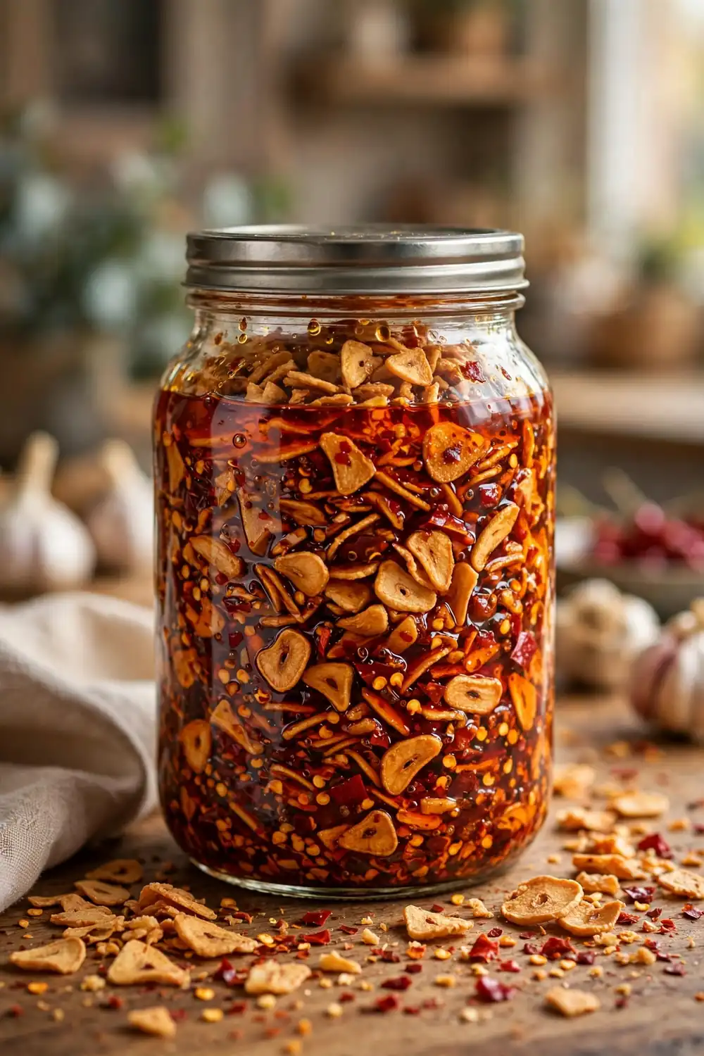 Garlic heavy chili crisp with crisp golden garlic chips in red chili oil