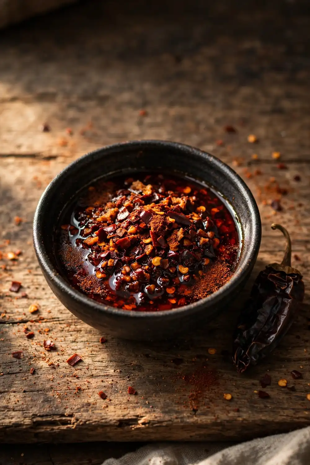 Smoky chipotle chili crisp in a small bowl with deep red oil and chili flakes