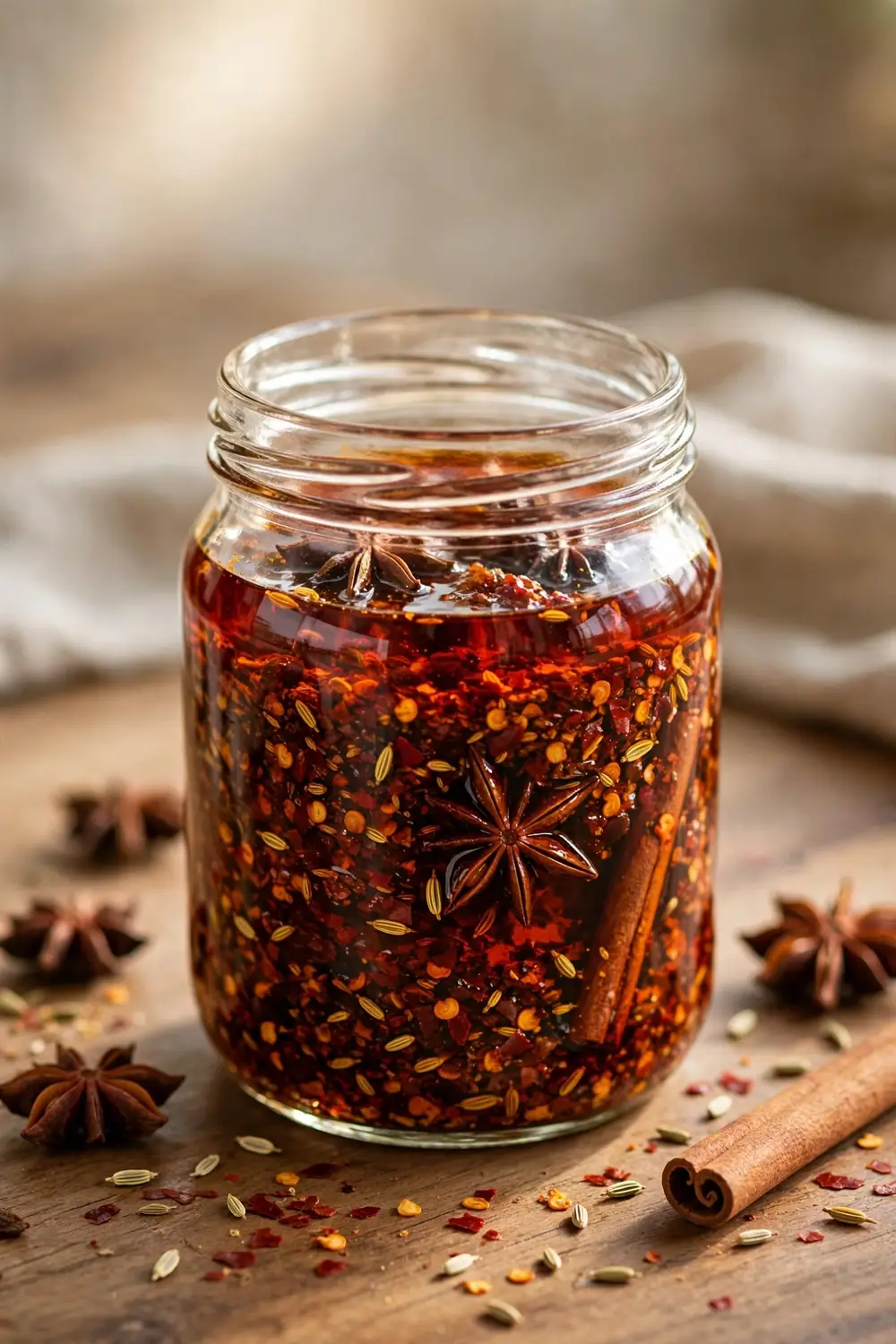 Five spice chili crisp with star anise and cinnamon beside a jar of red chili oil