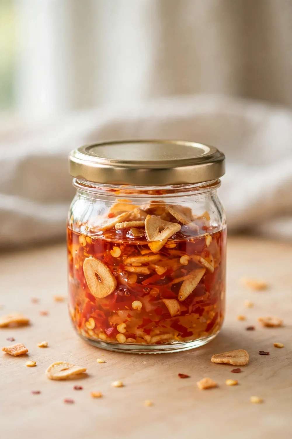Mild chili crisp in a jar with light red oil and gentle chili flakes