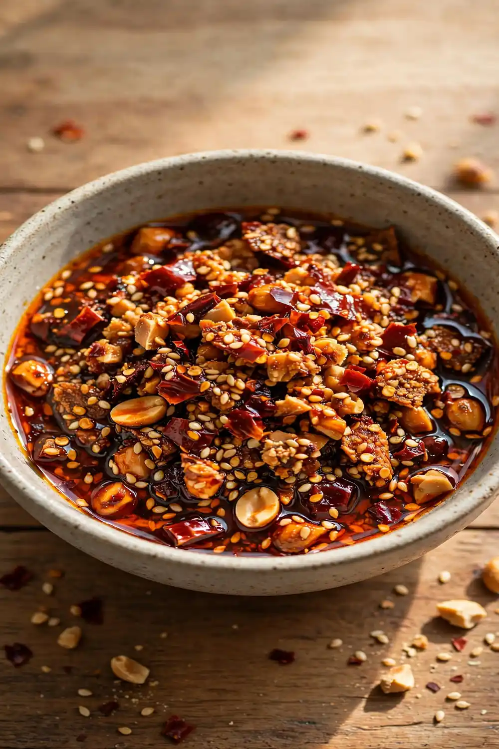 Nutty sesame chili crisp with toasted sesame seeds and peanuts in red oil