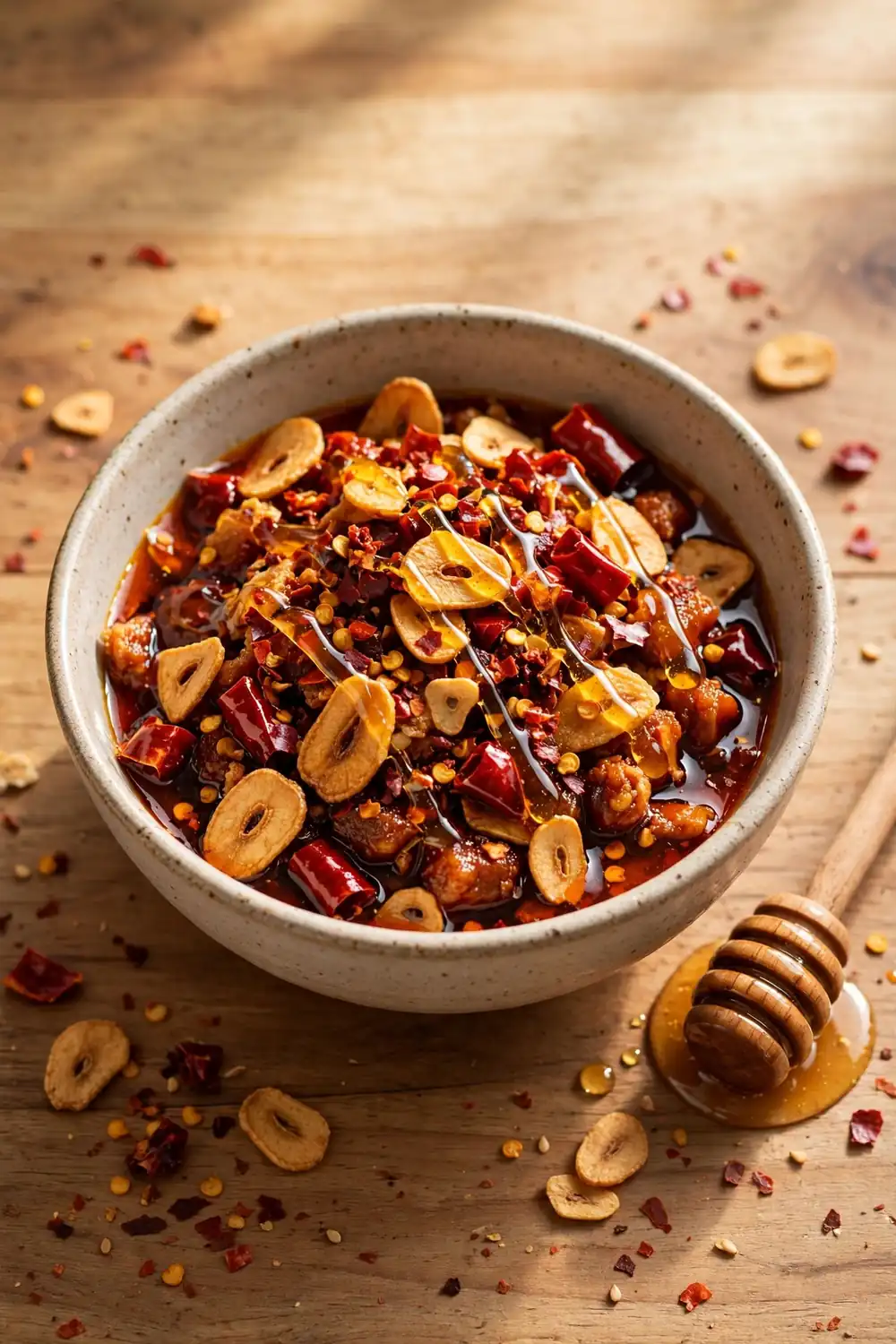 Sweet heat chili crisp drizzled with honey over a bowl of red chili oil