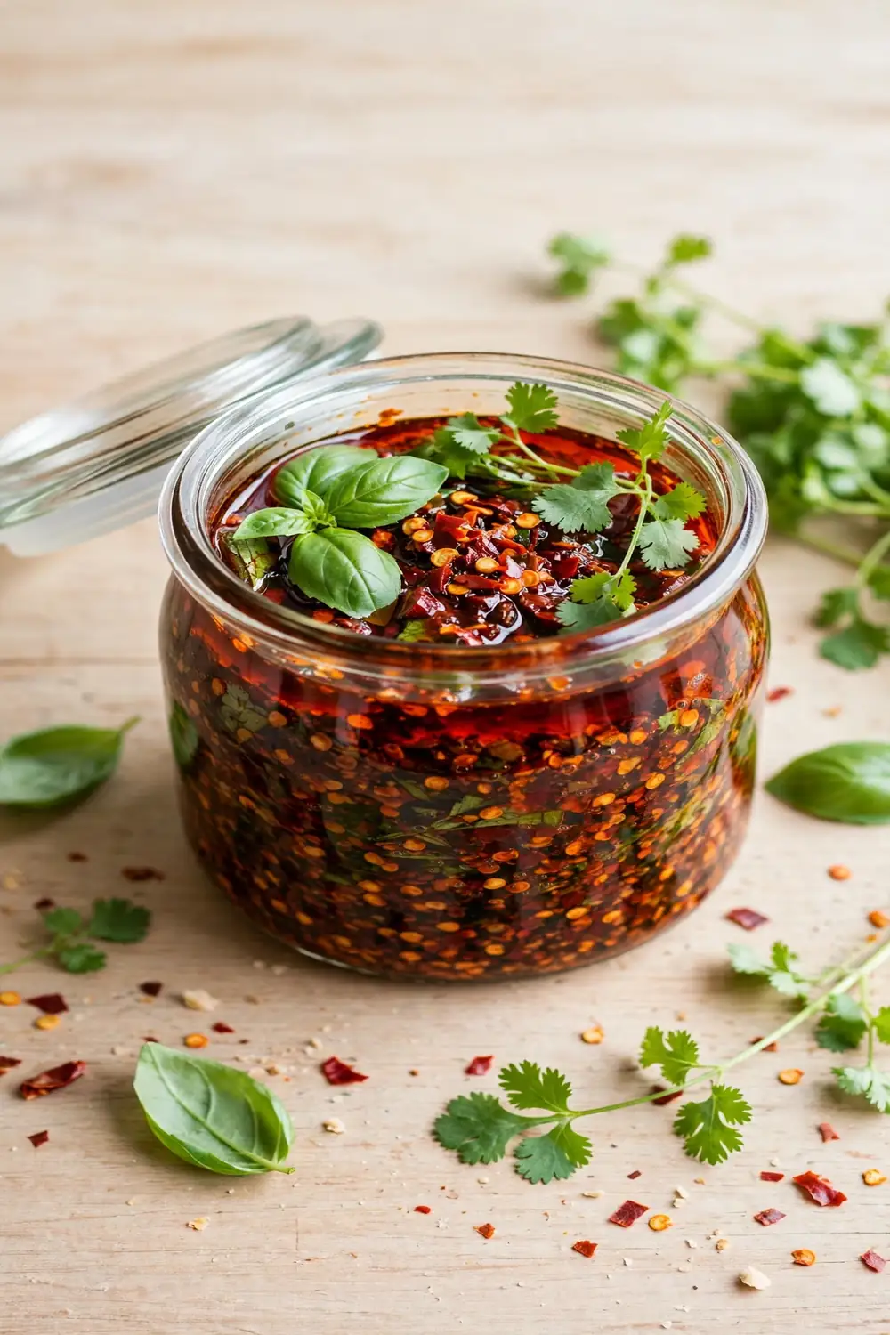 Herb infused chili crisp with fresh basil leaves and green herbs in red oil