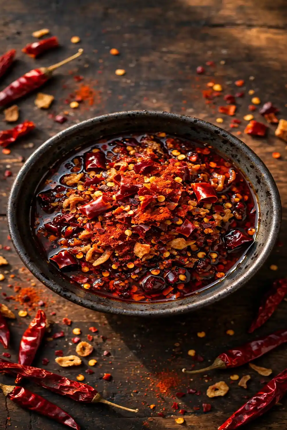 Double chili fire crisp with two kinds of chili flakes in deep red oil
