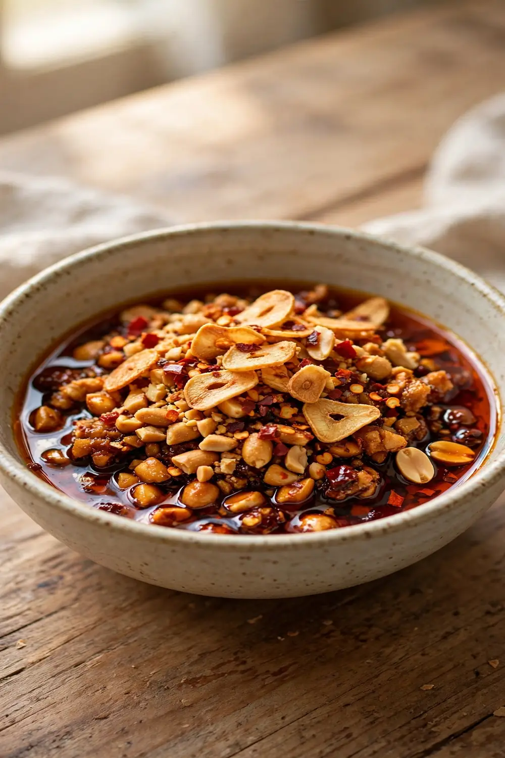 Peanut crunch chili crisp with crushed roasted peanuts in red chili oil