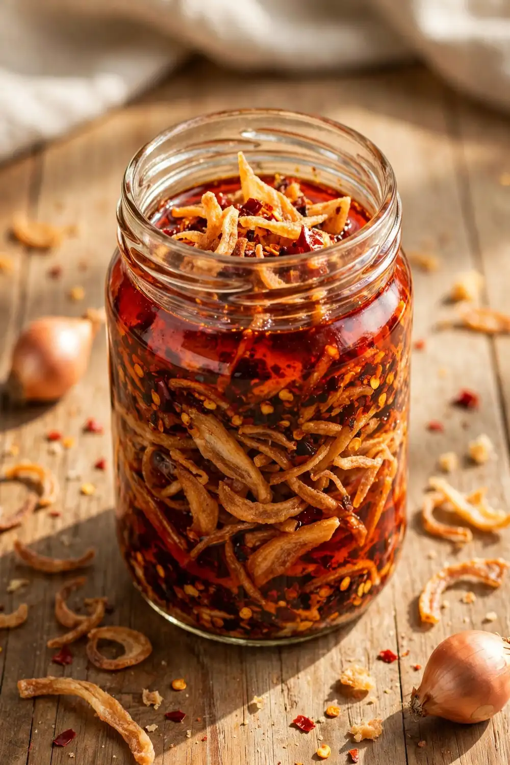 Shallot chili crisp with golden fried shallot strips layered in red oil