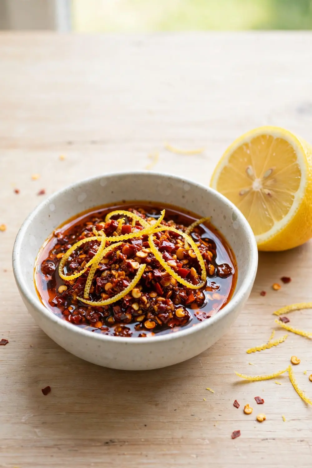 Lemon zest chili crisp with bright yellow zest strips in red chili oil
