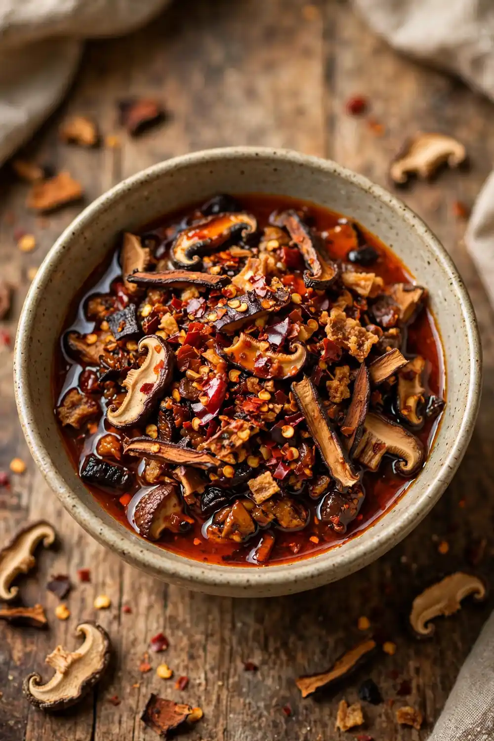 Mushroom chili crisp with dried mushrooms in thick savory red oil