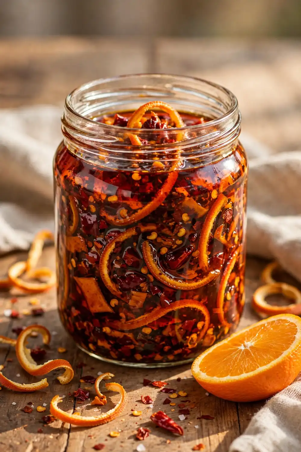 Orange peel chili crisp with dried orange peel curls in red chili oil
