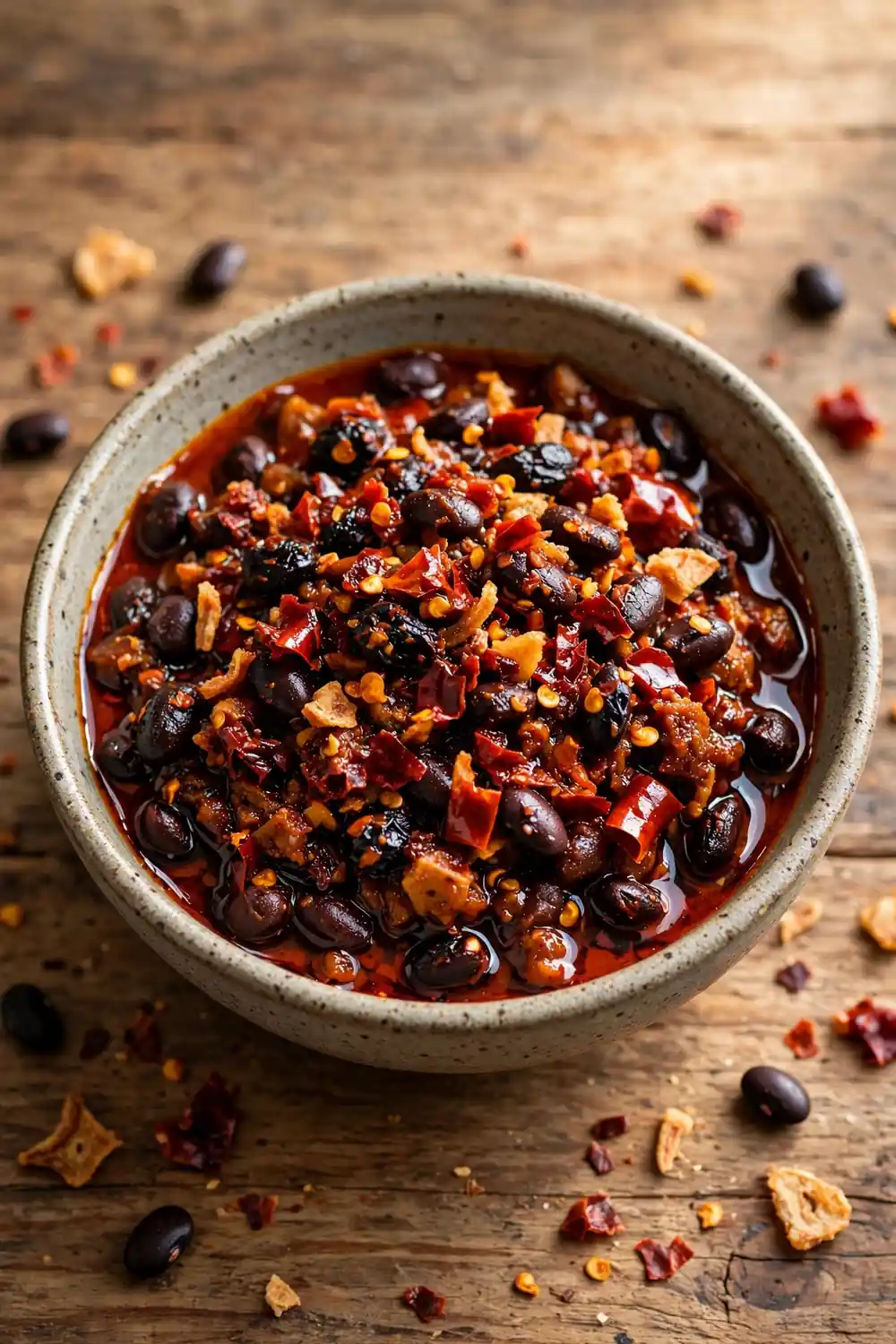 Black bean chili crisp with fermented black beans in thick red oil