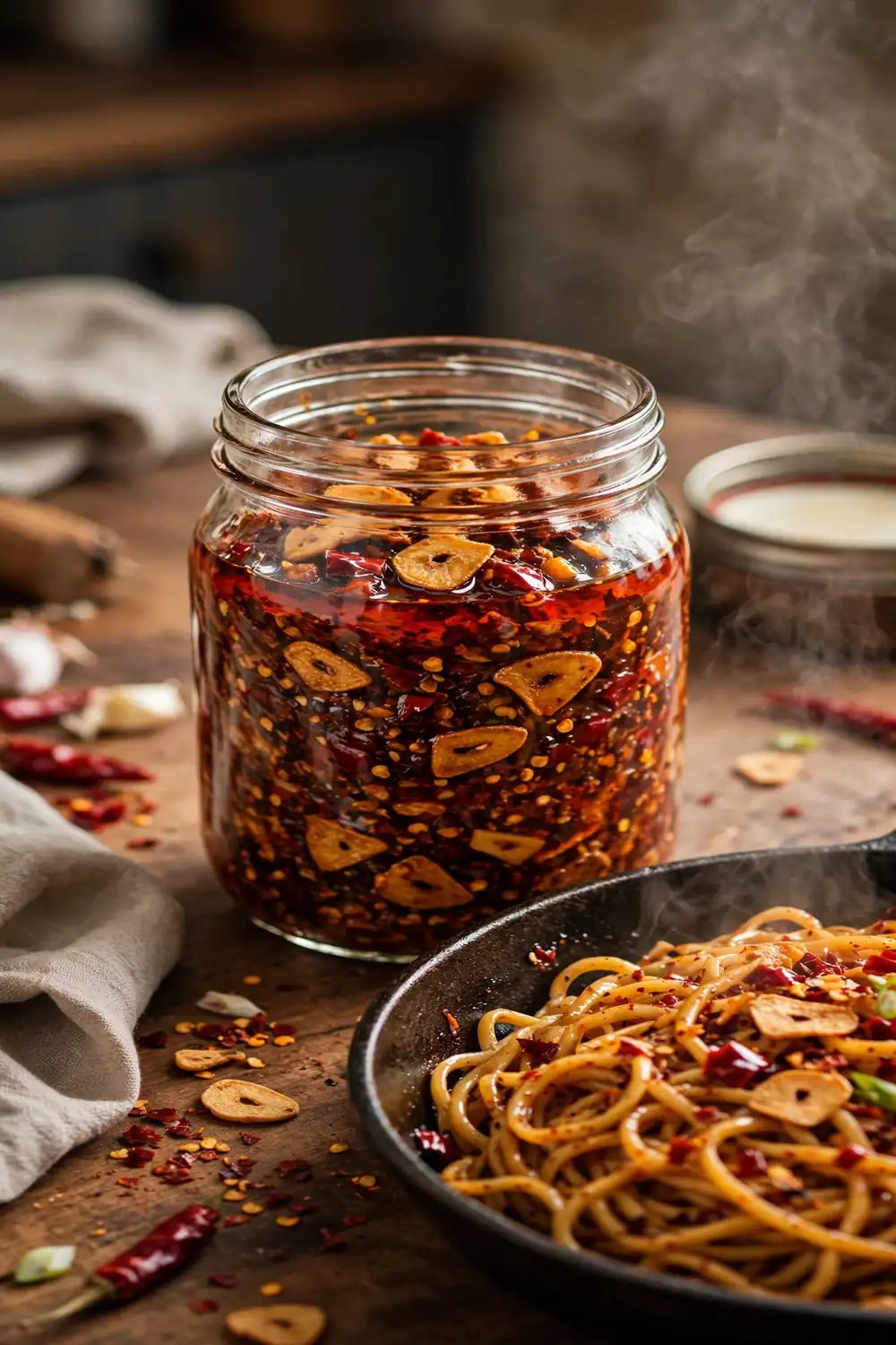Quick weeknight chili crisp in a jar beside a pan of noodles on a table