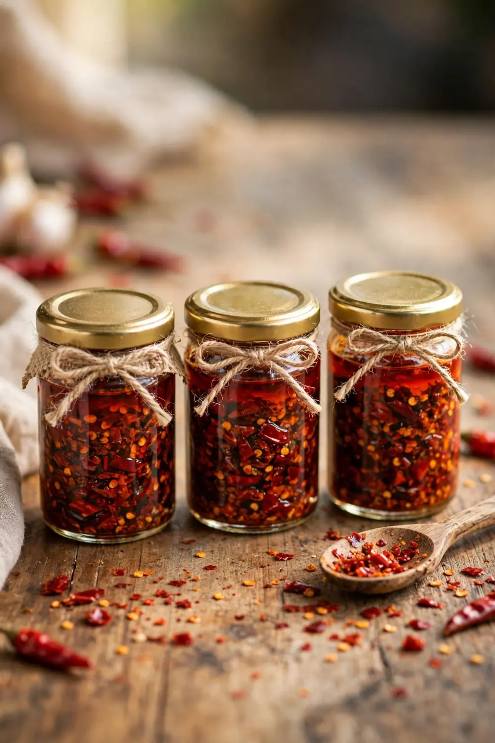 Gift ready jars of chili crisp tied with ribbon beside a wooden spoon