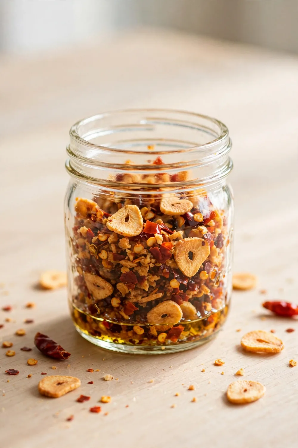 Low oil chili crisp with lightly coated flakes and garlic in a small jar