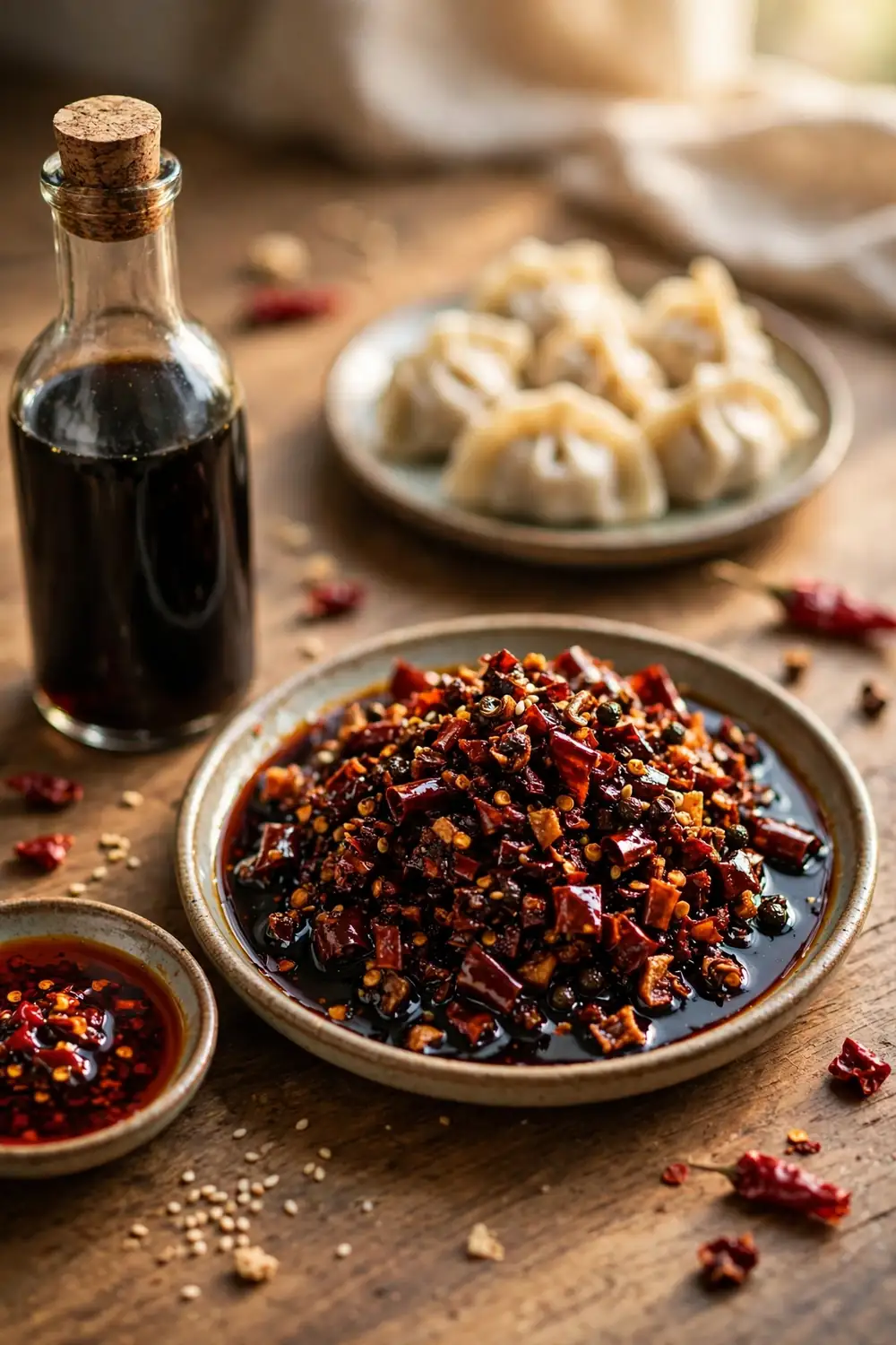 Chili crisp with a splash of black vinegar in a small dish beside the jar