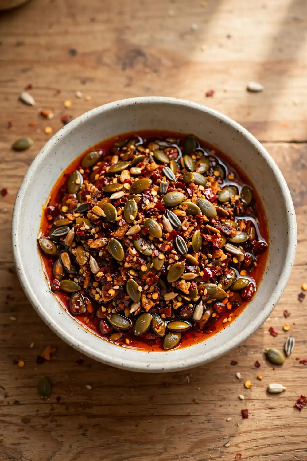 Toasted seed chili crisp with pumpkin seeds and sesame seeds in red oil
