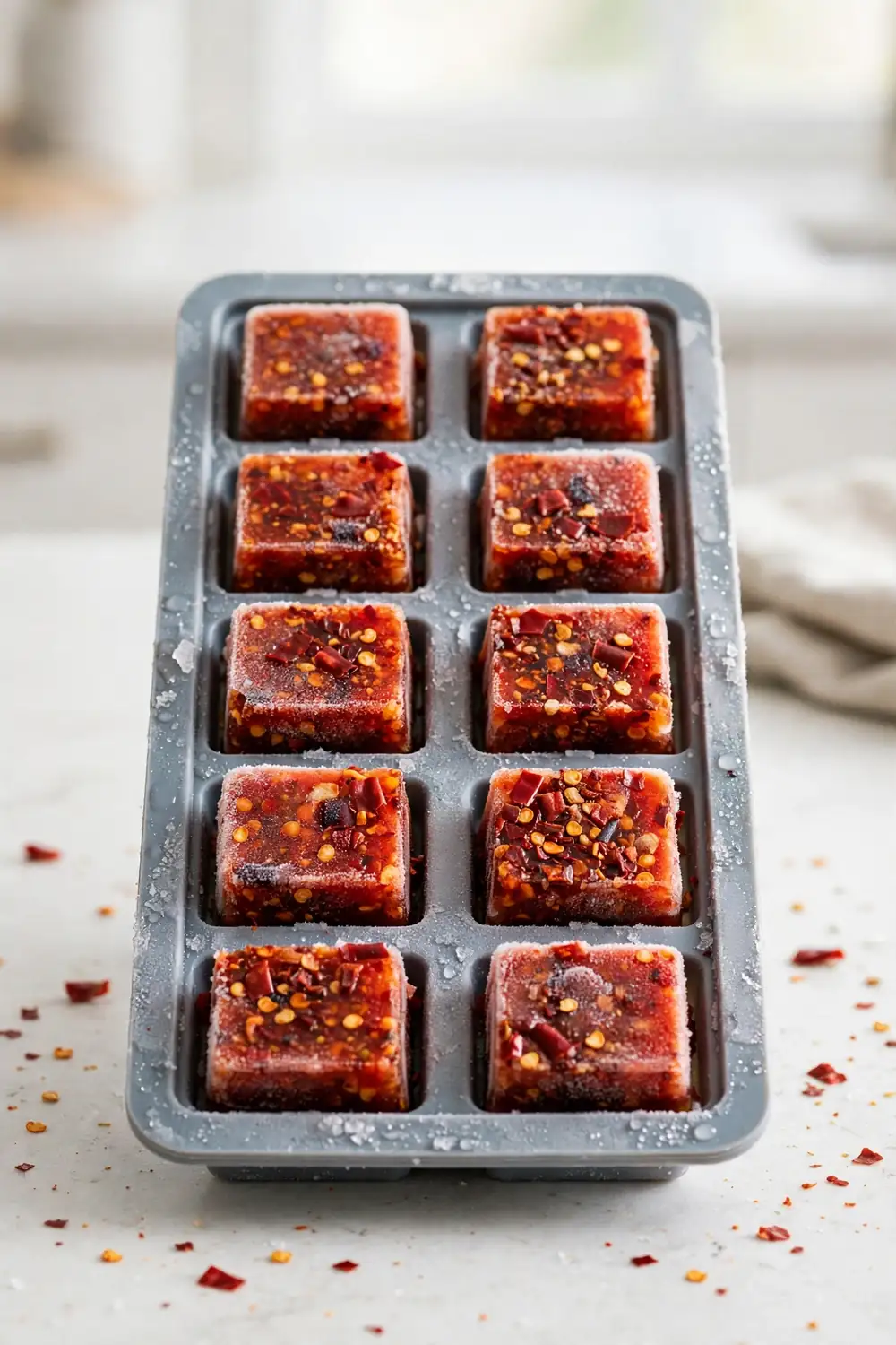 Freezer cubes of chili crisp in an ice cube tray with red oil portions