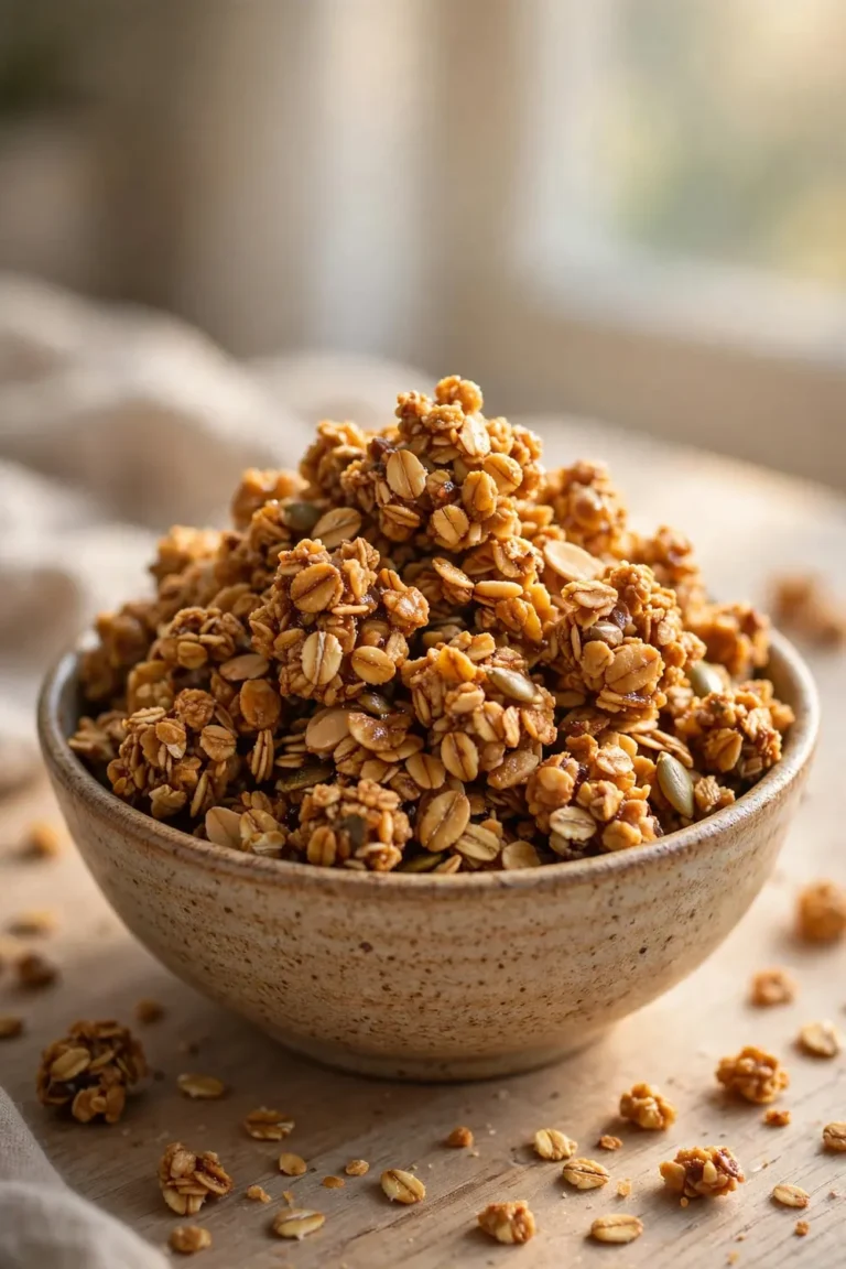 Golden granola clusters with honey oats piled in a rustic bowl on a wooden table