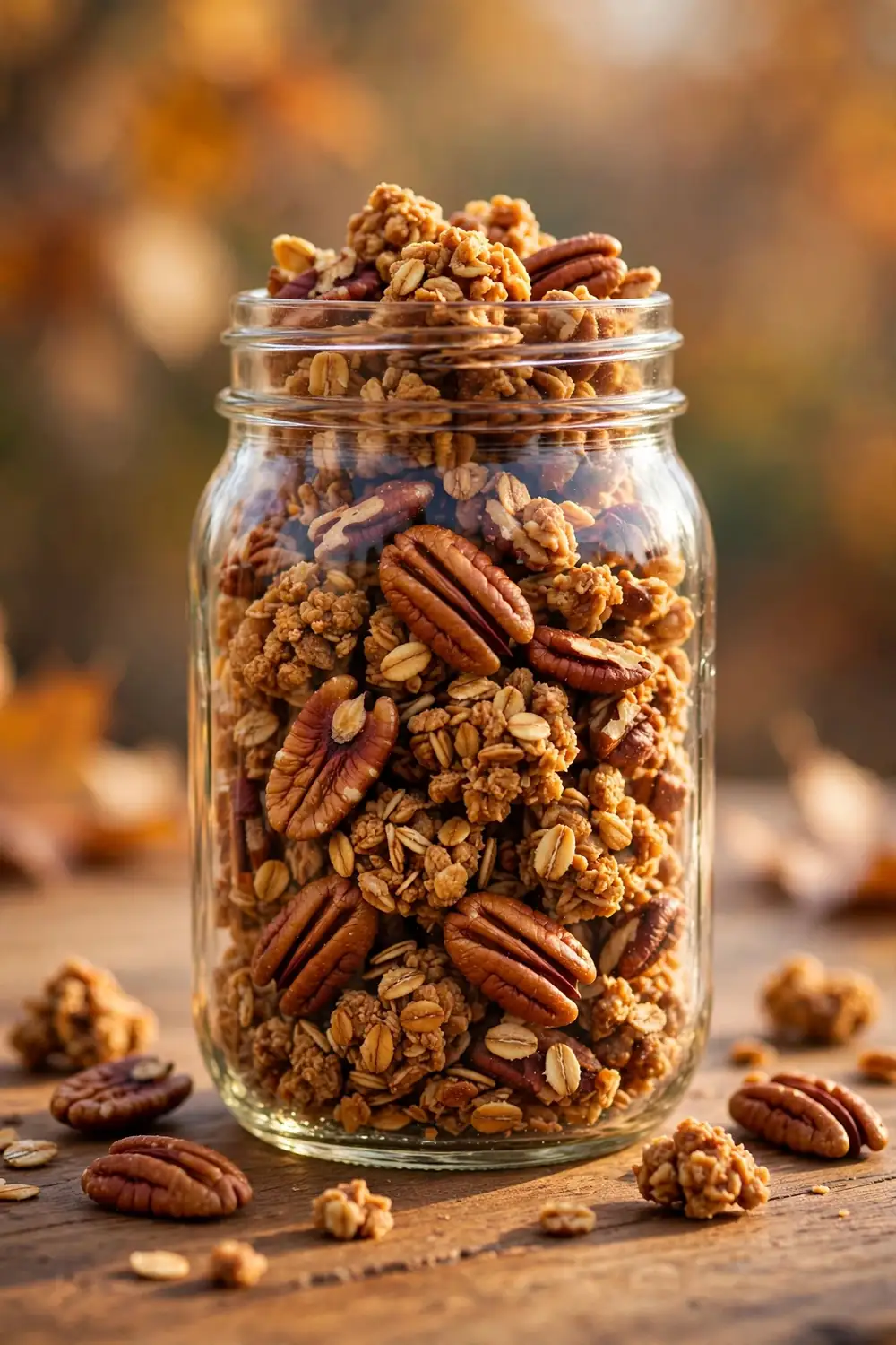 Maple pecan granola clusters with toasted pecans in a glass jar