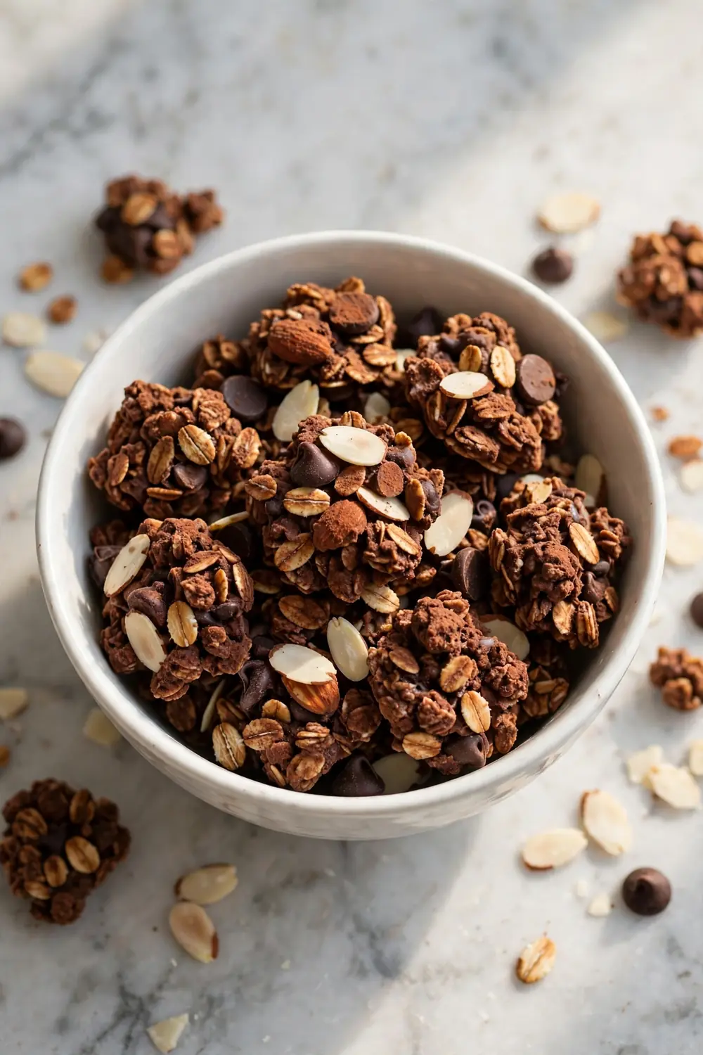 Chocolate almond granola clusters with cocoa and almonds in a bowl