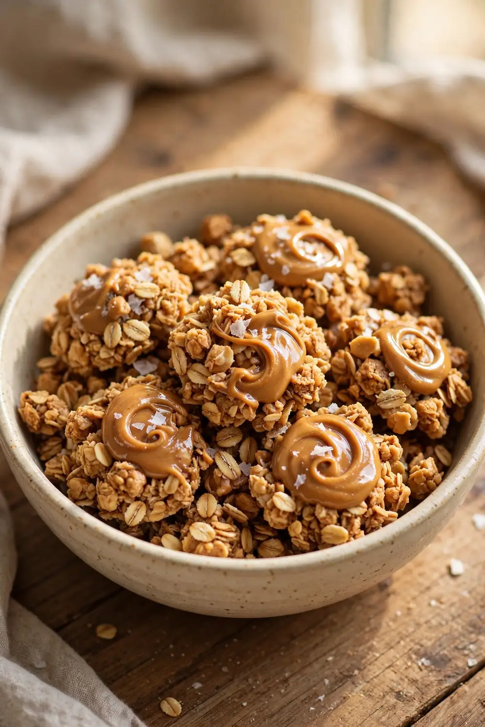 Peanut butter granola clusters with a drizzle of nut butter in a bowl