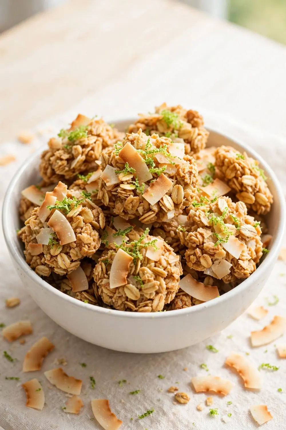 Coconut lime granola clusters with toasted coconut and lime zest