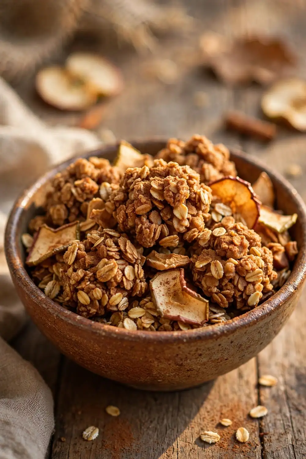 Cinnamon apple granola clusters with dried apple pieces in a bowl