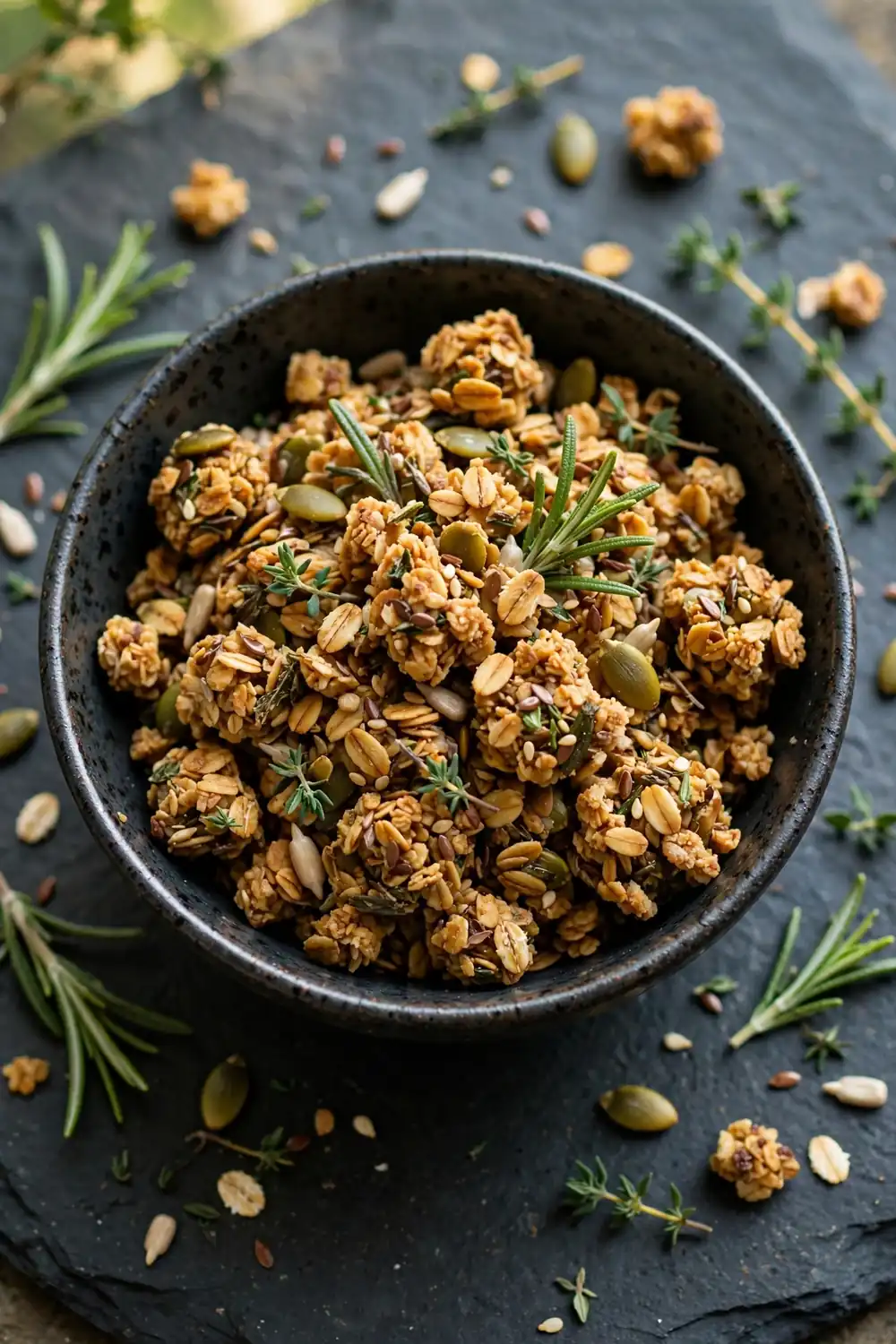 Savory herb granola clusters with rosemary and seeds in a bowl