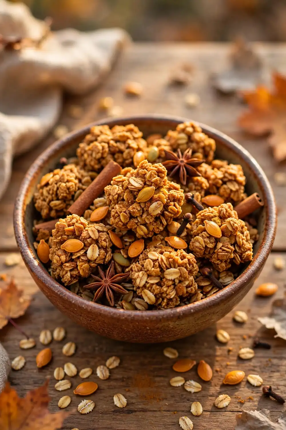 Pumpkin spice granola clusters with pepitas in a rustic bowl