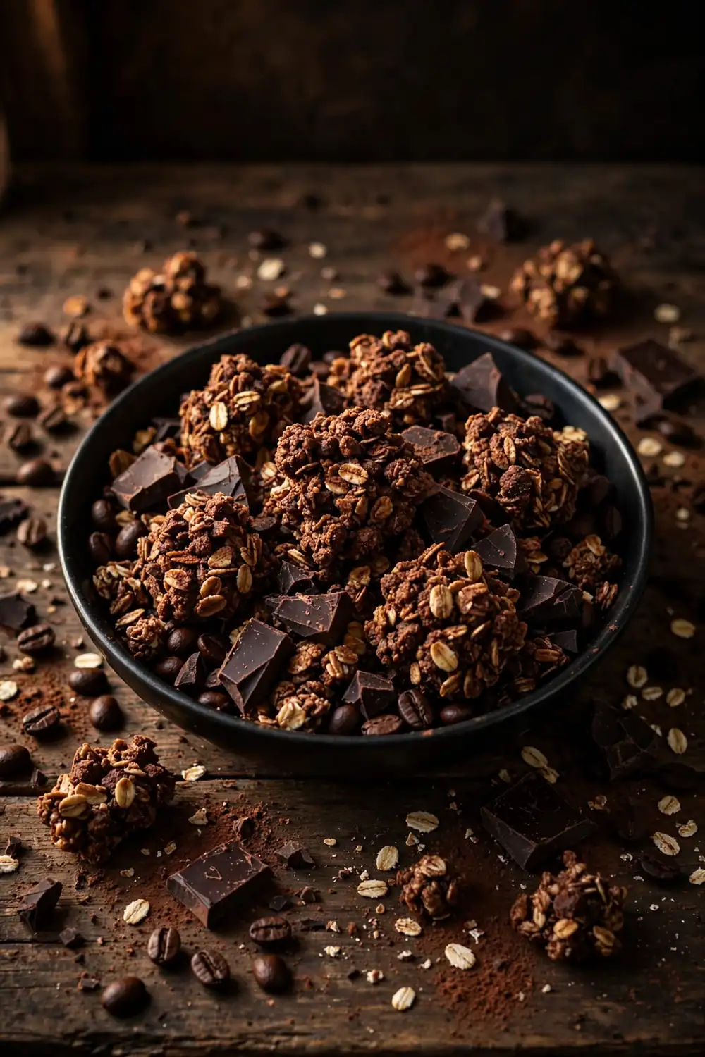 Espresso cocoa granola clusters with dark chocolate chunks in a bowl