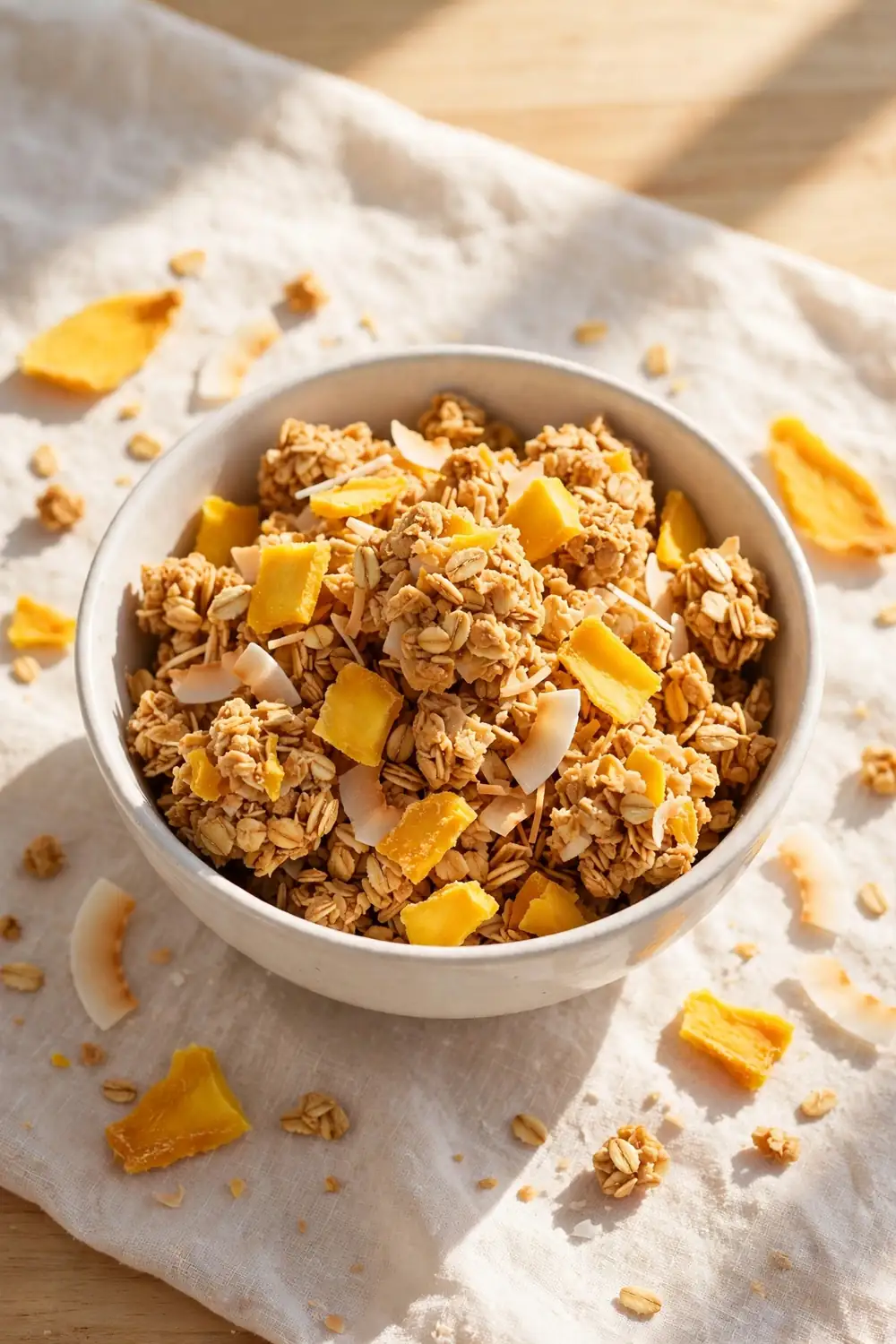 Tropical mango coconut granola clusters with dried mango in a bowl