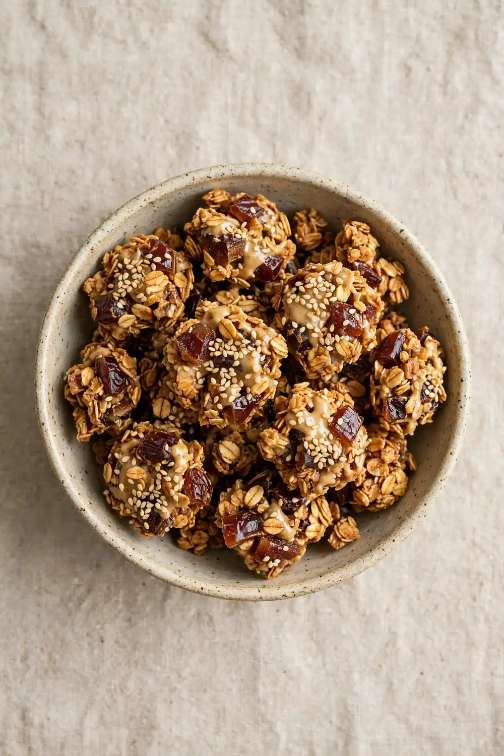 Tahini date granola clusters with sesame seeds in a bowl
