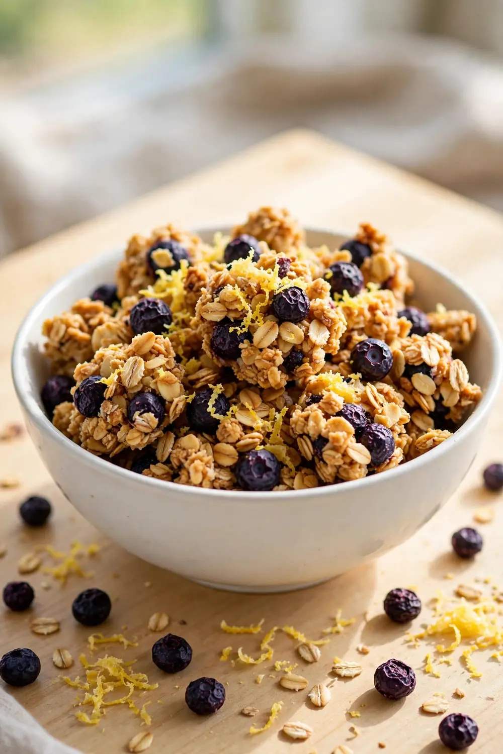 Lemon blueberry granola clusters with dried blueberries in a bowl