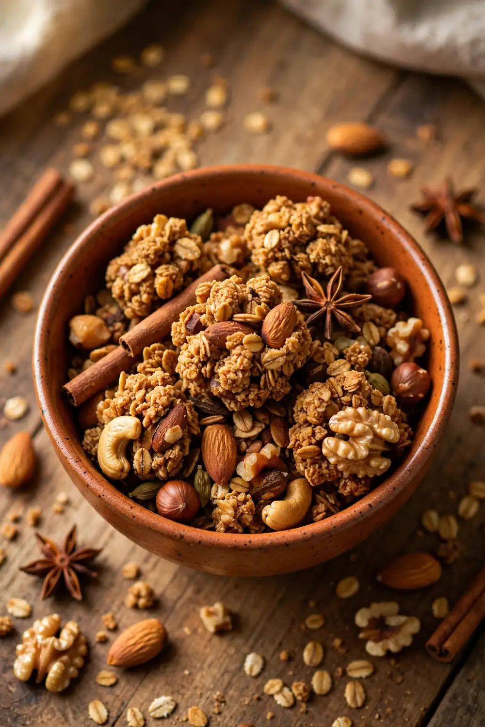Chai spice granola clusters with cinnamon and nuts in a bowl