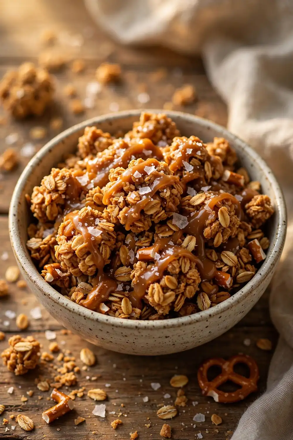 Salted caramel pretzel granola clusters with crushed pretzels in a bowl