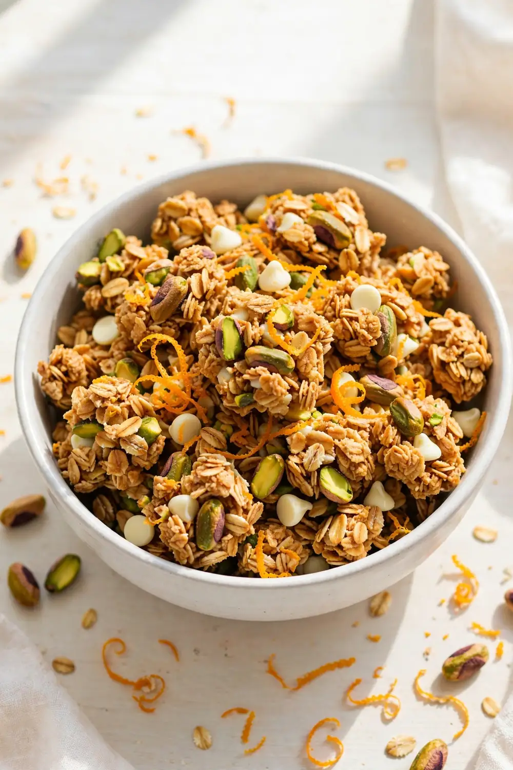 Pistachio orange granola clusters with white chocolate in a bowl
