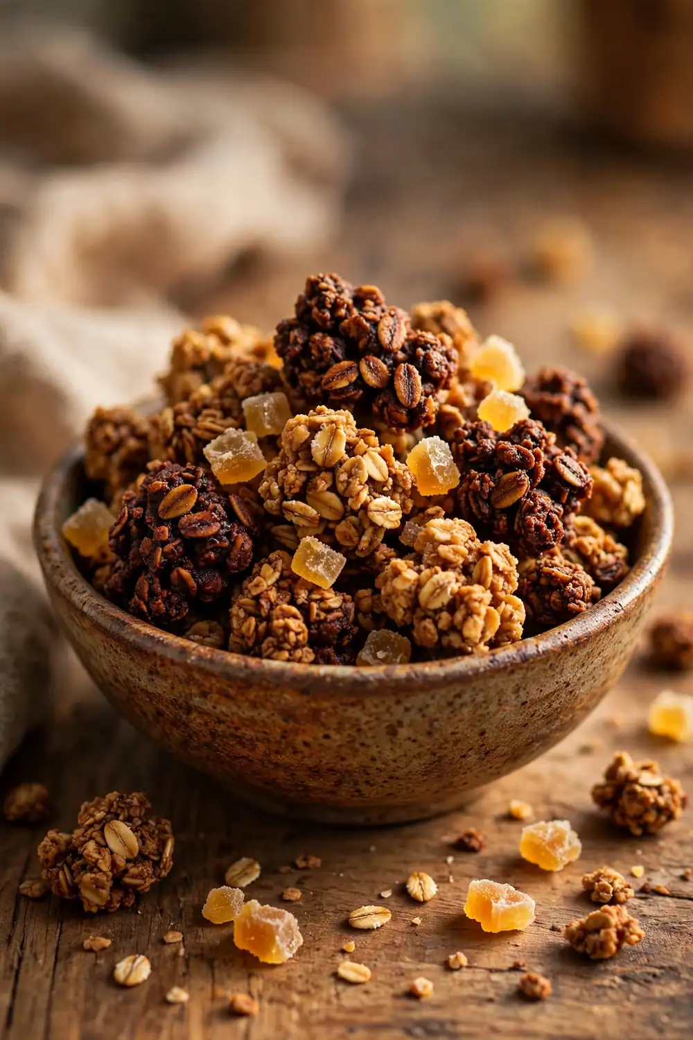 Ginger molasses granola clusters with candied ginger in a bowl