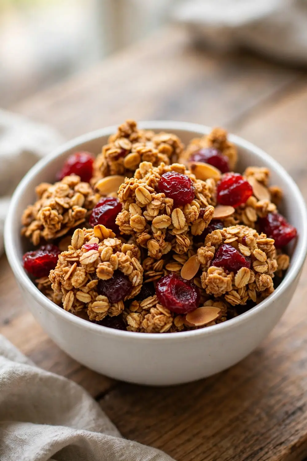 Cherry almond granola clusters with dried cherries in a bowl