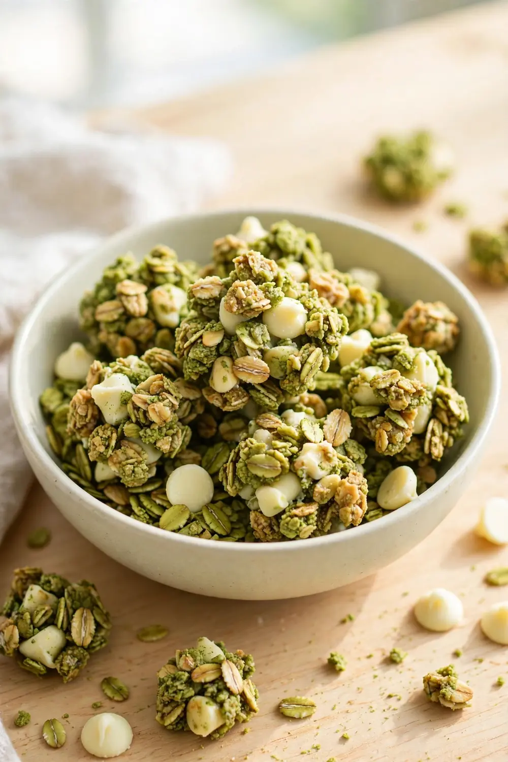 Matcha white chocolate granola clusters in a green tinted bowl