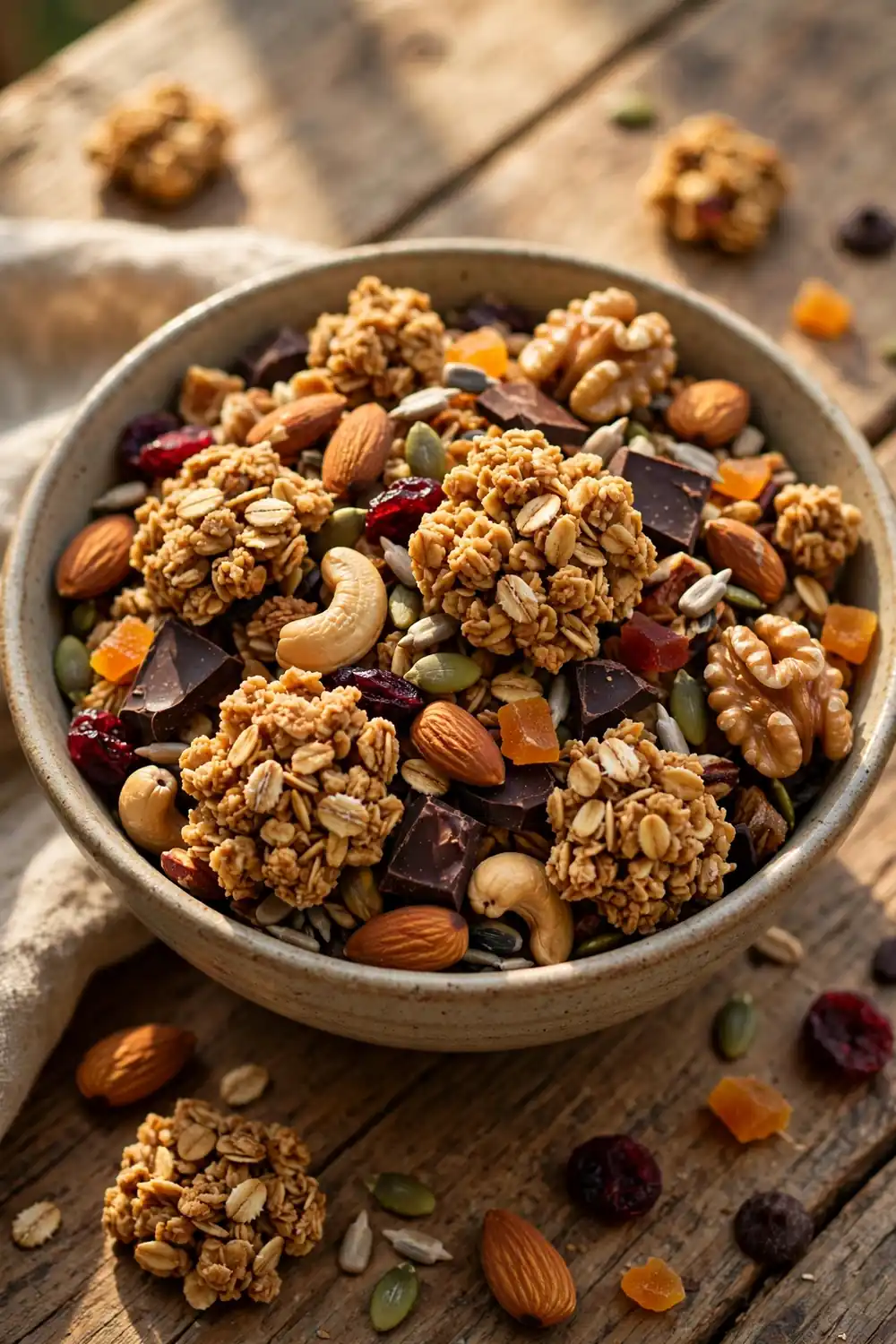 Trail mix granola clusters with nuts seeds and dried fruit in a bowl