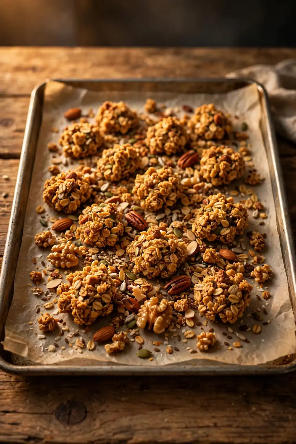 Fresh tray of golden granola clusters cooling on parchment paper
