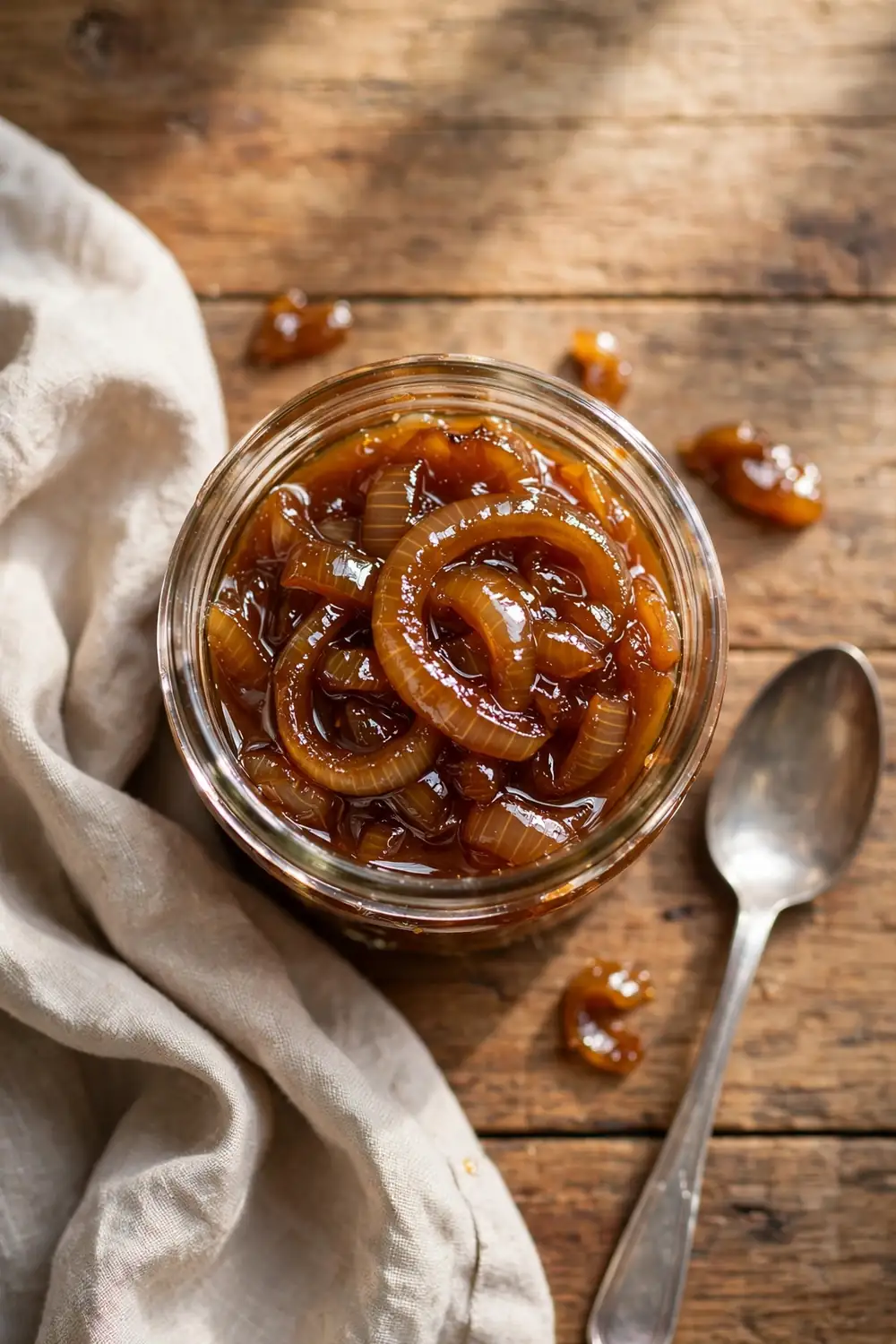 Glossy caramelized onion jam in a small glass jar with a spoon on a wooden table