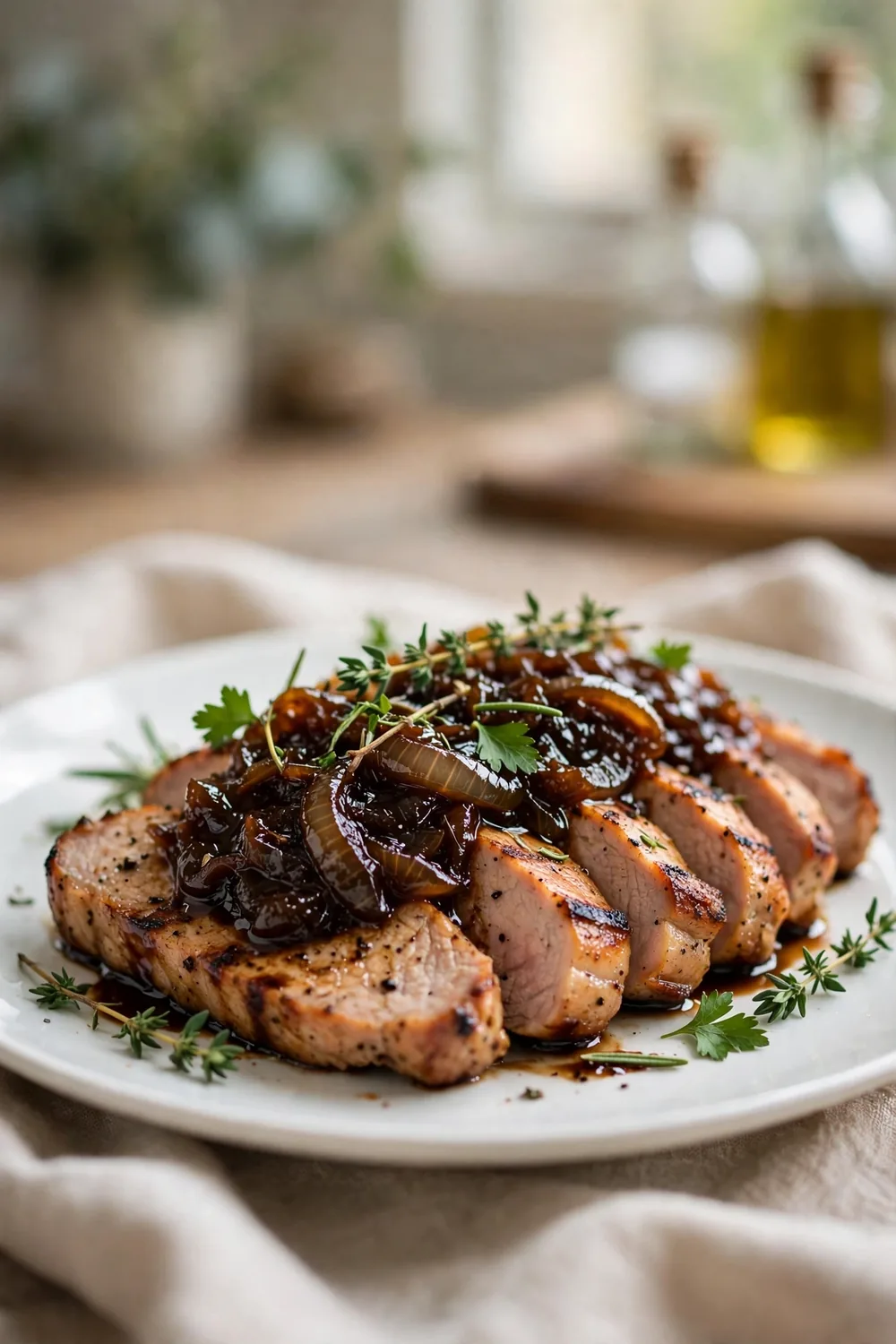 Dark balsamic onion jam spooned over grilled pork on a white plate