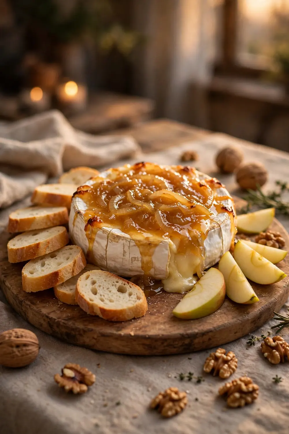 Baked brie with melted onion jam topping and baguette slices on a board