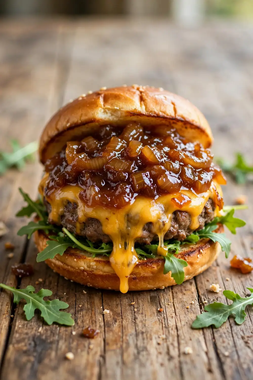 Cheeseburger with a thick layer of caramelized onion jam on a bun