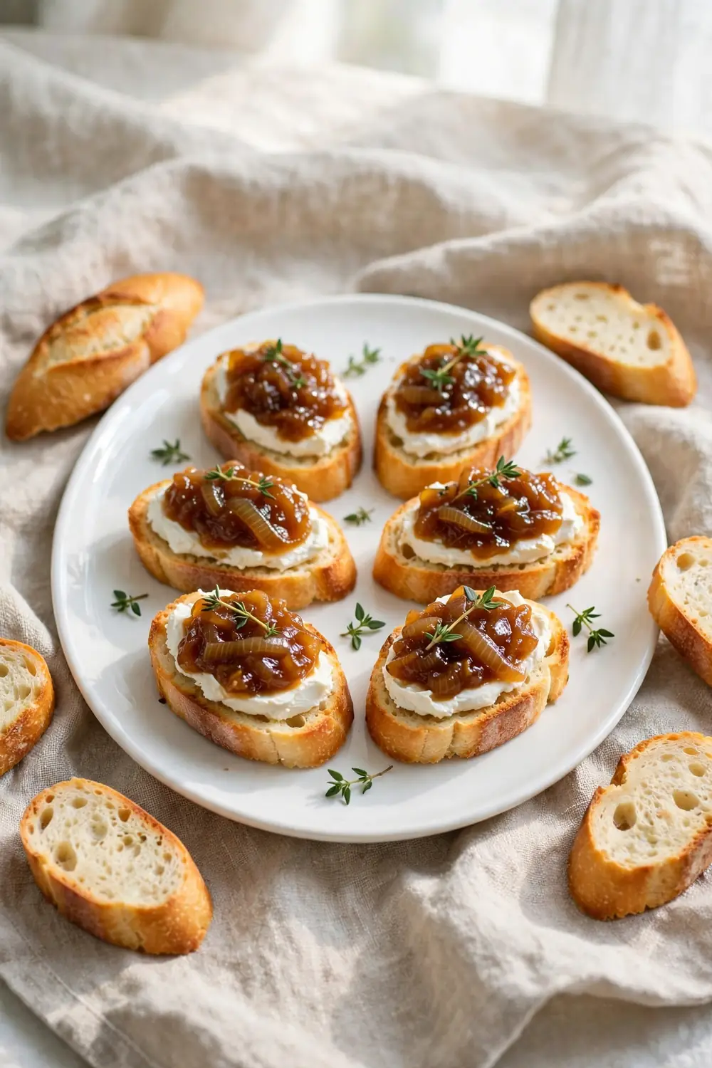 Goat cheese crostini topped with caramelized onion jam and thyme leaves