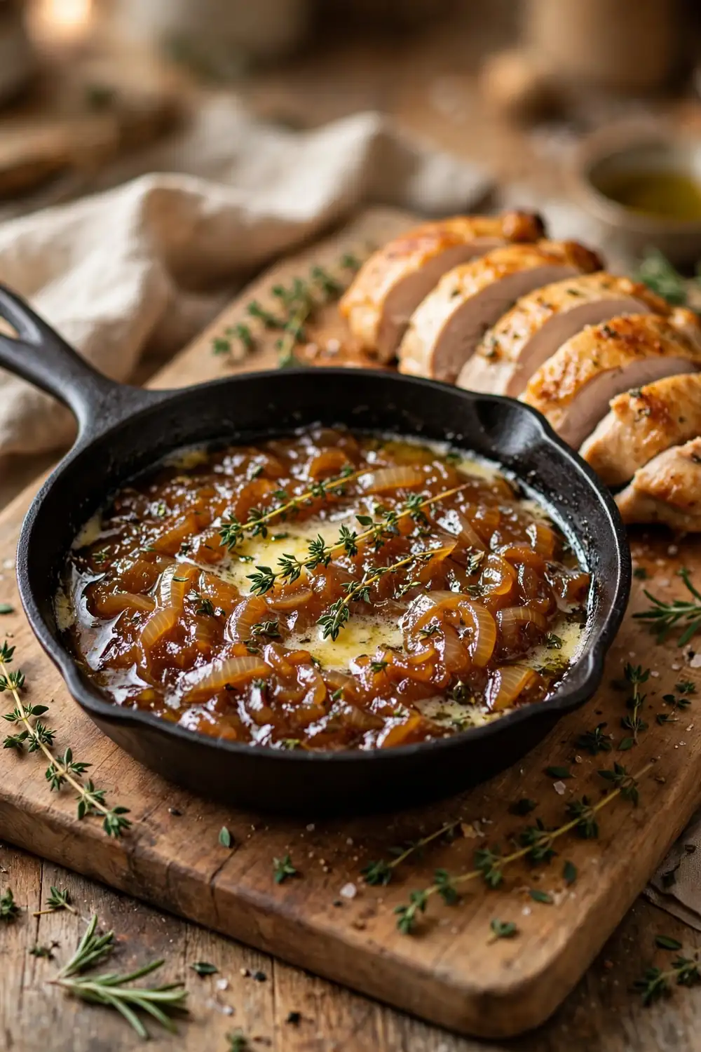 Onion jam with thyme and butter in a pan beside roast chicken