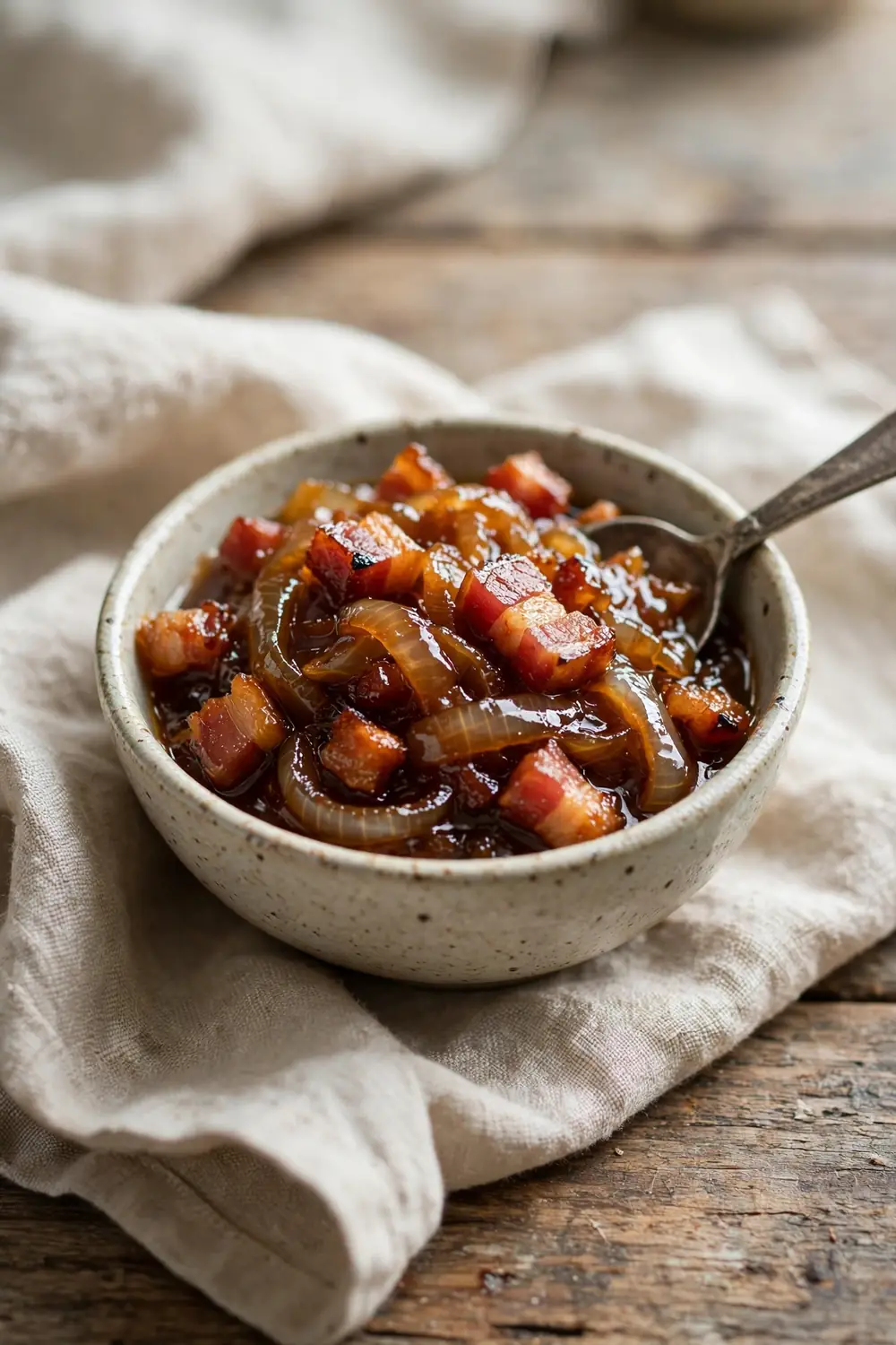 Smoky bacon and caramelized onion jam in a bowl with a spoon