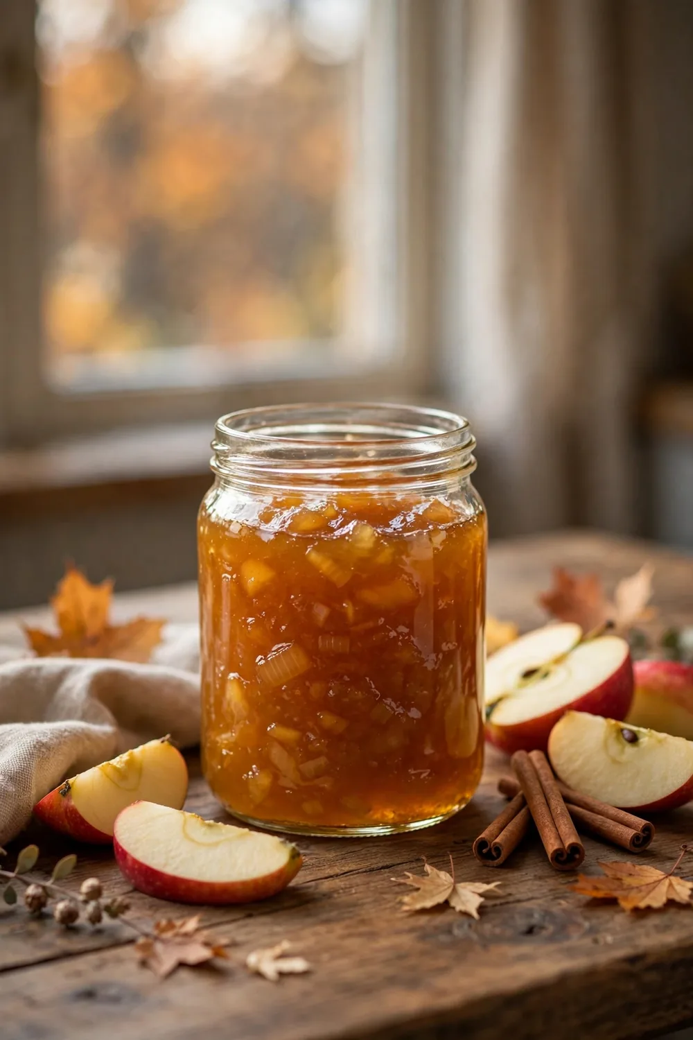 Apple cider onion jam in a jar with apple slices and cinnamon sticks nearby