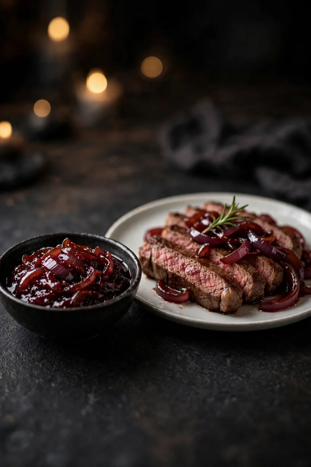 Red wine onion jam in a small bowl beside sliced steak