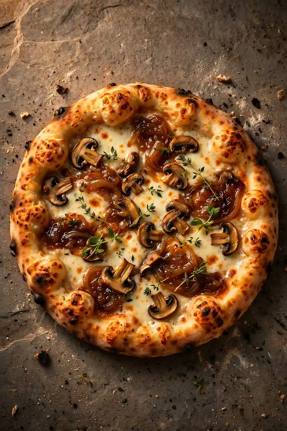 Pizza topped with caramelized onion jam, mozzarella, and thyme
